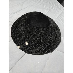 Vintage 1950s Black Velveteen Rhinestone Hat with Inner Fit